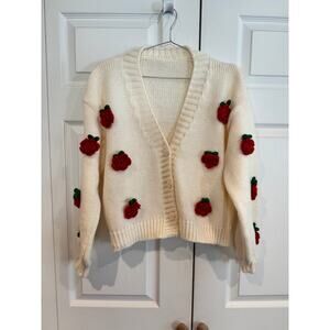 Women’s Knit Cardigan – Cream with Red Rose Details- Sz large